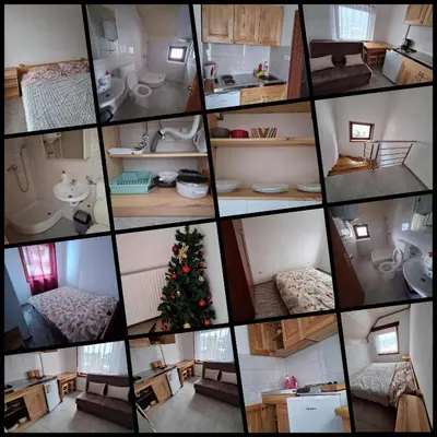 a collage of photos of a bathroom with a christmas tree at Apartmani 
