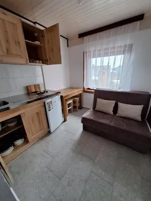 a living room with a couch and a kitchen at Apartmani 