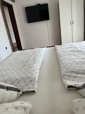 a bedroom with two beds and a flat screen tv at Apartman House Jasmina in Bihać