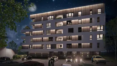 a rendering of a building with cars parked outside at Apartman EpiLux in Tuzla