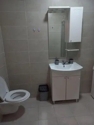 a bathroom with a toilet and a sink and a mirror at Apartman Giljen in Teslić