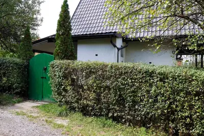 a house with a green door and a hedge at Holiday Home Ravne in Visoko