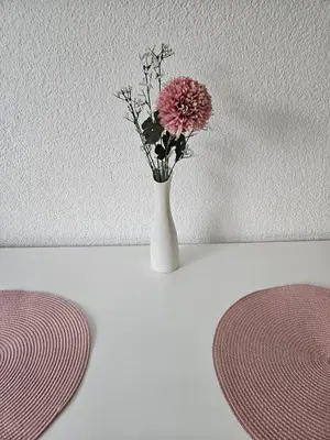 a white vase with pink flowers on a table at Apartman Aladin in Bihać
