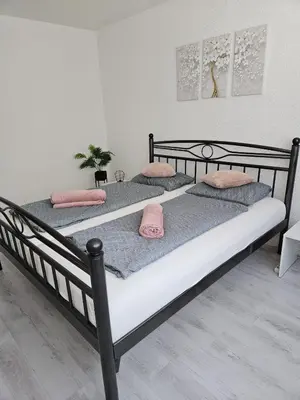 two beds with pink pillows in a bedroom at Apartman Aladin in Bihać