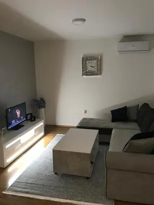 a living room with a couch and a coffee table at Apartman/Stan na dan Teslić in Teslić
