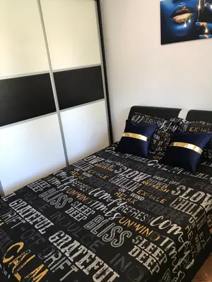 a bedroom with a bed with a black bedspread and pillows at Apartman/Stan na dan Teslić in Teslić