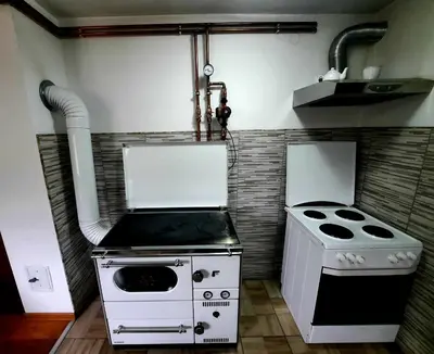a small kitchen with a stove and a sink at Kuća na dan Vrla strana in Bosansko Petrovo Selo