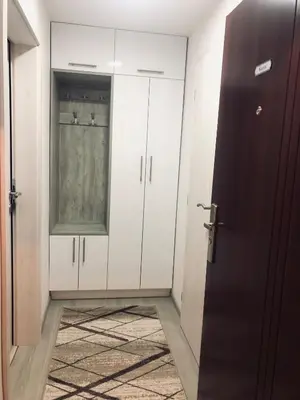 a room with white cabinets and a door and a rug at Mini apartman Smile Travnik in Travnik