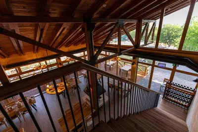 an overhead view of a restaurant with tables and chairs at Malak Farma in Kakanj