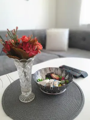 a vase with flowers and a bowl on a table at Diamond M Apartment in Bihać