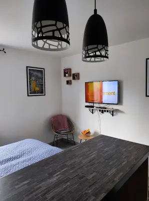 a bedroom with a bed and a flat screen tv at Cozy studio Cik-Cak in Doboj