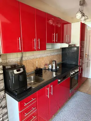a red kitchen with a sink and red cabinets at LNB Lux in Doboj