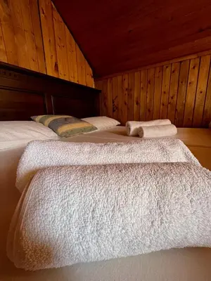 two beds in a room with wooden walls at Vikendica Mlinovi in Krupa na Vrbasu