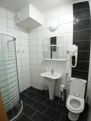 a bathroom with a toilet and a sink and a shower at Pansion San in Bihać