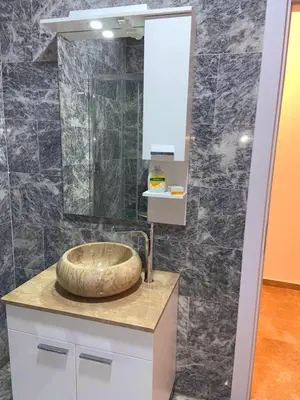 a bathroom with a sink on a counter with a mirror at Apartment Aria in Travnik