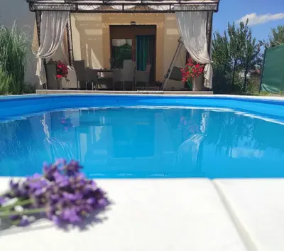 a bunch of purple flowers sitting next to a swimming pool at Riverside Plaza in Bihać