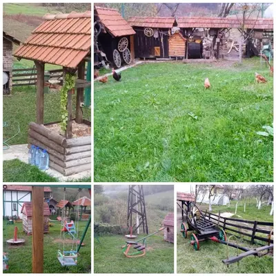 a collage of pictures of a yard with a playground at Etno selo Visoko Apartmani in Visoko