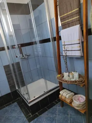 a bathroom with a shower and a towel rack at Apartman 