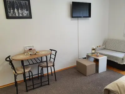 a room with a table and chairs and a couch at Studio Apartman 11 in Bihać