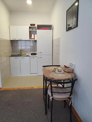 a small kitchen with a table and a refrigerator at Studio Apartman 11 in Bihać