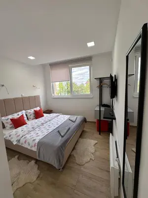 a bedroom with a bed with red pillows and a television at Ravne Energy Apartments in Visoko