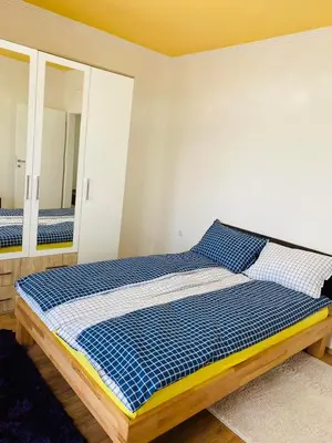 a bed in a room with a mirror at Apartman Kula in Gradačac