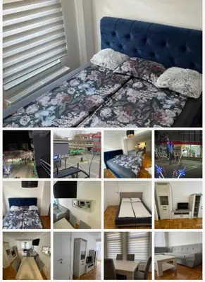 a collage of pictures of a bed in a room at Apartman CITY CENTER 4-šetalište in Prijedor