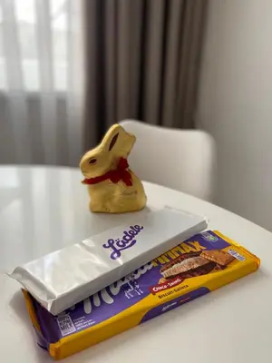 a toy rabbit sitting on a table next to a package of food at Mia apartman Visoko in Visoko