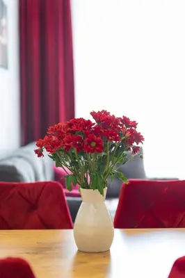 a white vase with red flowers on a table at Drobac apartman in Banja Luka