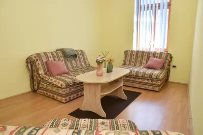 a living room with a couch and a table with flowers at Apartman Vinkov's center in Jajce