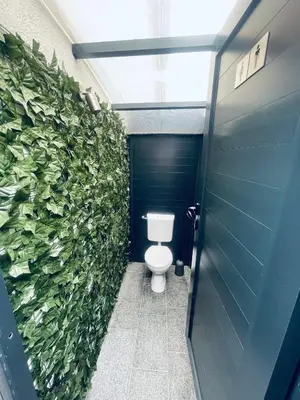 a bathroom with a toilet with a green wall at Apartman Kiss in Jajce
