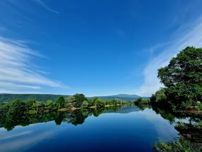 a view of a lake with trees on the shore at Villa Eda in Bihać