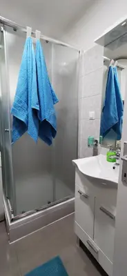 a bathroom with blue towels hanging from a shower at Teslić Apartman NiA in Teslić