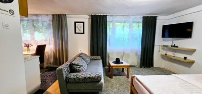 a hotel room with a couch and a bed and a television at Apartman Stari Grad - Ostrožac na Uni - Bihać Cazin in Ostrožac