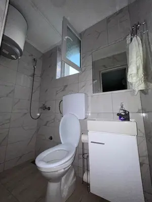 a bathroom with a toilet and a sink and a mirror at Apartman Jasko 2 in Jajce