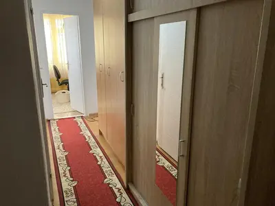a hallway with a red rug on the floor and a door at Wonderful apartment in the heart of Tuzla in Tuzla