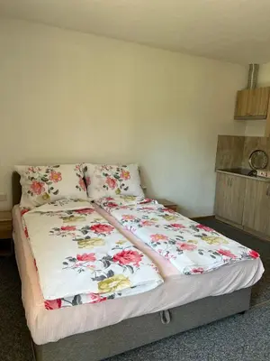 a bed with a floral blanket on it in a room at Weekend house & apartments Dubrave in Visoko