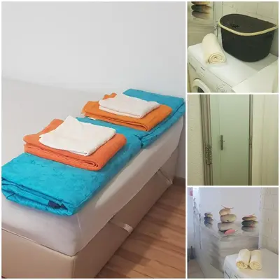 three pictures of towels on a bed in a room at Apartmani Sarah Tuzla in Tuzla