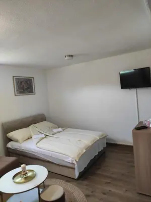a bedroom with a bed and a tv and a table at Dream Home Studio Apartments in Tuzla