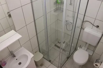 a bathroom with a shower and a toilet and a sink at Vila Ana in Travnik