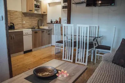a kitchen and a living room with a table at Holiday home LOTUS in Bihać