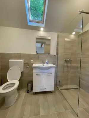 a bathroom with a toilet and a sink and a shower at Mountain Heart House in Bosanski Petrovac