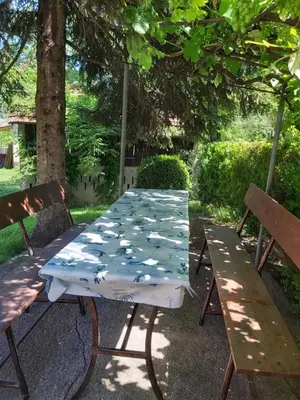 a picnic table with birds painted on it next to two benches at Šadrvan Una Apartment in Bihać
