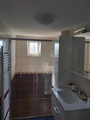 a small bathroom with a shower and a sink at Šadrvan Una Apartment in Bihać