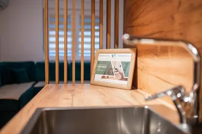 a picture frame sitting on a counter next to a sink at Apartment Vila Idila in Tuzla