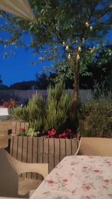 a table and chairs in a garden with a tree at Welcome Apartman in Tuzla