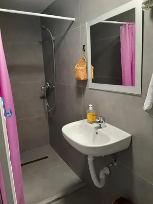 a bathroom with a sink and a shower with a mirror at Apartmani BET Gradačac 1 Maj broj 24 in Gradačac