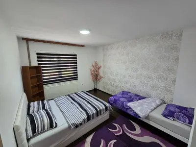 a bedroom with two beds and a window at Apartman Vany in Tuzla