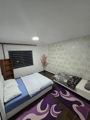 a bedroom with two beds and a purple rug at Apartman Vany in Tuzla