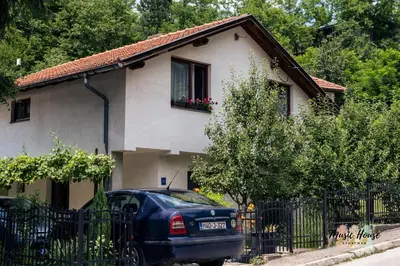a black car parked in front of a house at Music House Apartment in Tuzla